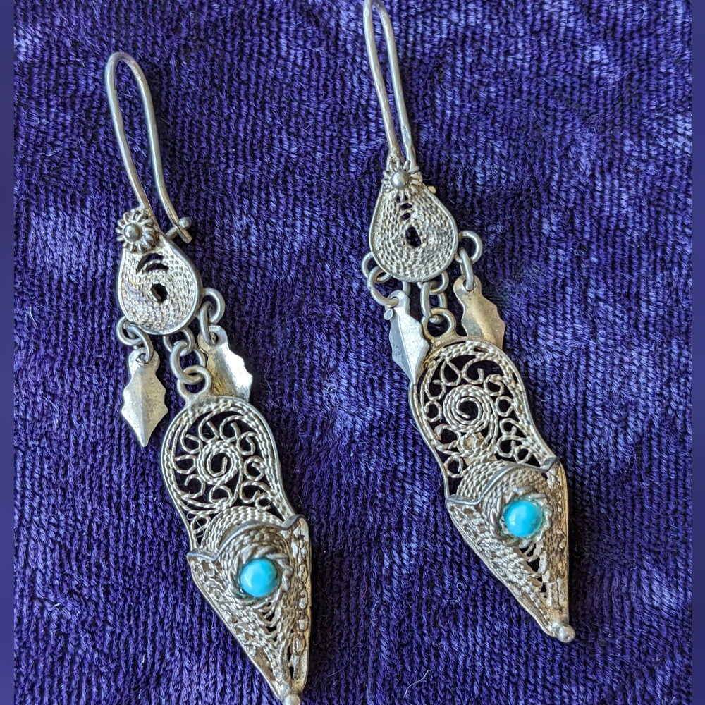 Vintage 900 Silver Exotic Handmade filigree turquoise Earrings